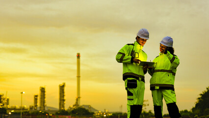 Energy professionals plan for the future at a refinery. The diverse team uses technology to monitor sustainable operations during a beautiful golden sunset.