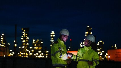 Two industrial workers in hard hats and high-vis jackets use a tablet at night. They are collaborating in front of a large, lit-up oil refinery or chemical factory plant.