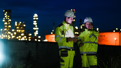 Petrochemical engineers in PPE conduct a night shift inspection at a refinery. They use a tablet for real-time data monitoring and auditing of the processing plant.