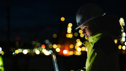A close up of a female industrial worker in a hard hat and safety gear looking at a lit up factory or refinery at night. The background lights are blurred into bokeh.