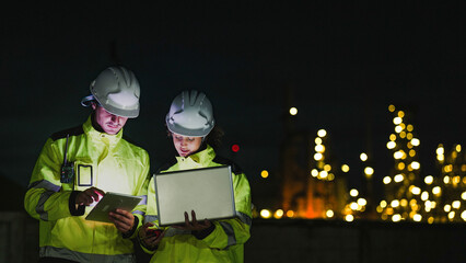 Two industrial workers in hard hats and high-vis gear work at night. They use a laptop and tablet to monitor a lit-up refinery plant during a night shift.