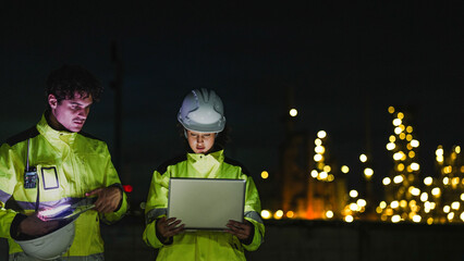 Petrochemical engineers in PPE conduct a night inspection at a refinery. They use a laptop and tablet for real-time data monitoring of the processing plant.