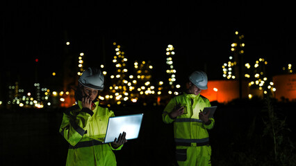 Energy professionals ensure 24 7 operations at a refinery. The team uses digital technology on a laptop to monitor sustainable production at night.