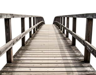 A weathered wooden arched bridge isolated on black. Perspective shows the walkway from its center