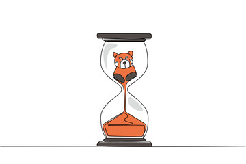 Single continuous line drawing lower body of red panda is sucked by the sand in the hourglass. Climate change causes habitat loss. National Endangered Species Day. One line design vector illustration
