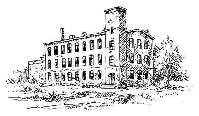 Fototapeta premium Abandoned multi story old factory building vector sketch