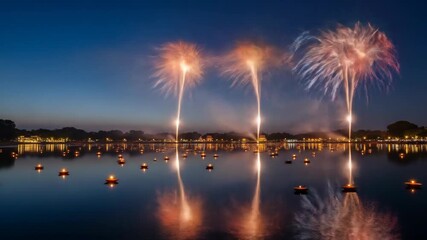 Spectacular Fireworks Display Reflecting Over a Calm Lake at Night.
