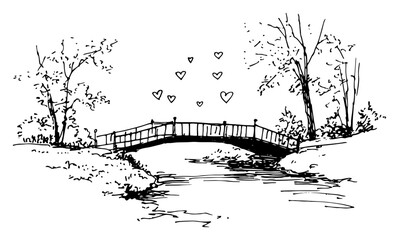 Fototapeta premium Romantic park landscape with arched bridge and floating hearts in ink sketch style
