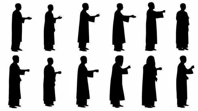 Silhouettes of people in robes with various gestures and poses.