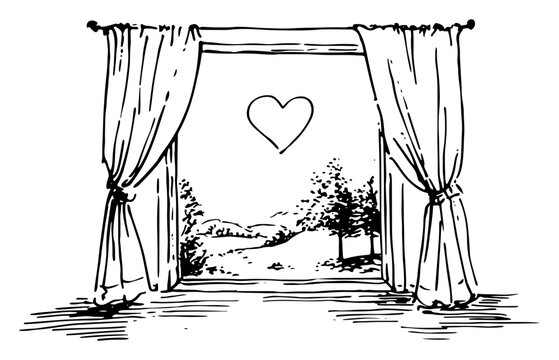 Open window with curtains and heart symbol landscape view vector sketch