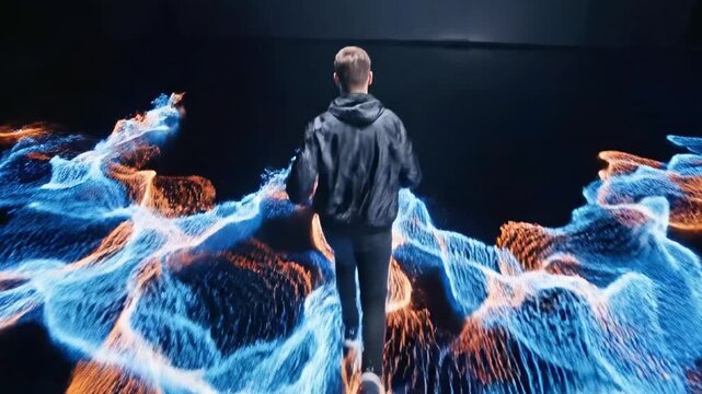 A young man in a futuristic outfit standing amidst vibrant, flowing digital tendrils