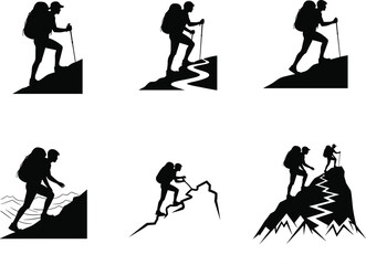 Obraz premium Mountain climbing silhouette vector, hiking illustration, outdoor adventure design, backpacker trekking poses, rugged terrain, summit journey, minimalist black and white artwork