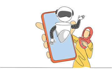 Single one line drawing Arab woman holds smartphone with robot coming out of screen. Explore the latest smartphones. International Virtual Assistants Day. Continuous line design graphic illustration