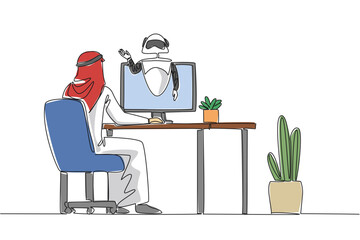 Continuous line drawing vector of an Arabian man collaborating with a robot assistant on a monitor for a technology concept. This digital partnership theme is for International Virtual Assistants Day