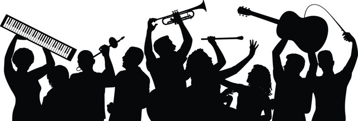 Musical band silhouette, people playing instruments, black vector illustration, energetic performance, live music celebration, artistic ensemble, creative concert scene, music vector art