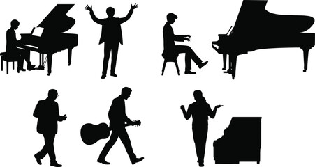 Musician and instrument silhouette vector set with piano, guitarist, singer, and conductor poses, perfect for music performance, concert, and entertainment design illustration © Samol