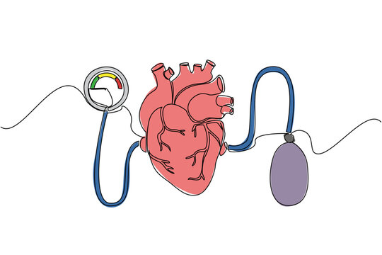 Continuous one line drawing heart with pumps and blood pressure meters at the ends. Health conscious equipment. Healthy living. World Hypertension Day. Single line draw design vector illustration
