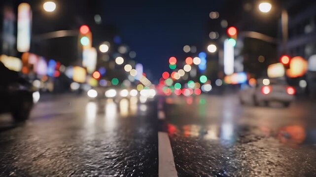 Busy city street at night, with traffic lights illuminating cars and buses moving through intersection, capturing the high intensity hustle concept of global connectivity, perfect for use as.