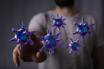 3D render of virus particles near a human hand, illustrating scientific concepts and healthcare information. M