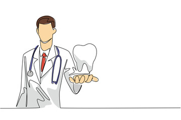 Continuous one line drawing male doctor holding a large tooth and pointing it forward. Example of well maintained teeth. Maintenance. National Dentist Day. Single line draw design vector illustration