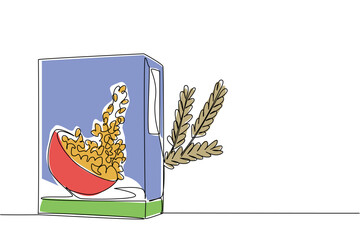 Single one line drawing cereal packaging box with wheat on the back of the packaging box. Healthy snacks made from wheat. Low fat. National Cereal Day. Continuous line design graphic illustration