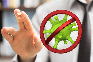 Hand pressing a digital interface with a virus symbol. Represents prevention, protection, and combating the sp