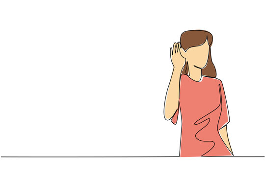 Single continuous line drawing a woman in casual clothes puts her hand behind her ear. Want a loud voice. Gestures of wanting to be heard. National Be Heard Day. One line design vector illustration