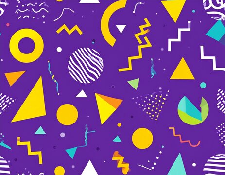 Retro abstract design purple pattern background with colorful triangles, circles, lines and zigzags. Memphis style with geometrical shapes