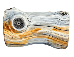 Watercolor depiction of a weathered rectangular wood plank, showing grain, knot, and shades of color