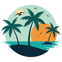 Monochromatic silhouette illustration of a tropical beach scene with a lone palm tree, evoking a serene, isolated paradise. Vector art.