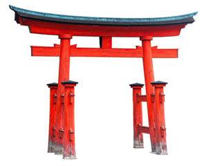Vivid, iconic, traditional Japanese torii gate with red paint and black background