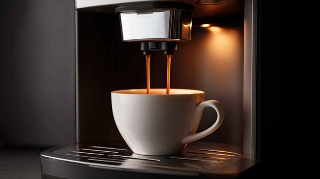 Coffee Maker Brewing Fresh Coffee in a White Cup at Home Kitchen