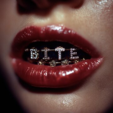 Labios rojos brillantes con letras enjoyadas, Boca con 'BITE' de diamantes, grillz dentales, Estilo urbano: Labios carm&iacute;n con adorno de 'BITE', Primer plano de labios con joyer&iacute;a dental