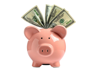 Pink ceramic piggy bank with a fan of US hundred dollar bills