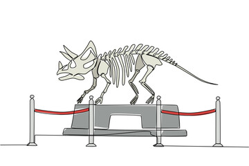 Single continuous line drawing triceratops dinosaur skeleton in museum room. Museum for learning. Studying the anatomy of bones. Extinct. International Museum Day. One line design vector illustration © Simple Line