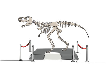 Single continuous line drawing T Rex dinosaur skeleton in museum room. Museum for learning. Get to know ancient animals. Dangerous animal. International Museum Day. One line design vector illustration © Simple Line