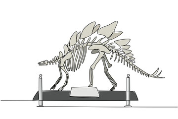 Continuous one line drawing stegosaurus dinosaur skeleton in museum room. Museum for learning. Giant extinct animals. Dangerous. International Museum Day. Single line draw design vector illustration © Simple Line