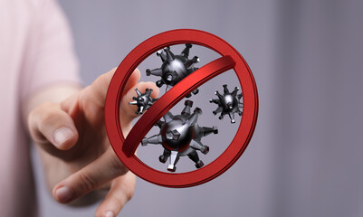 Hand reaching out to stop a symbolic representation of the coronavirus outbreak, anti virus concept, healthy l