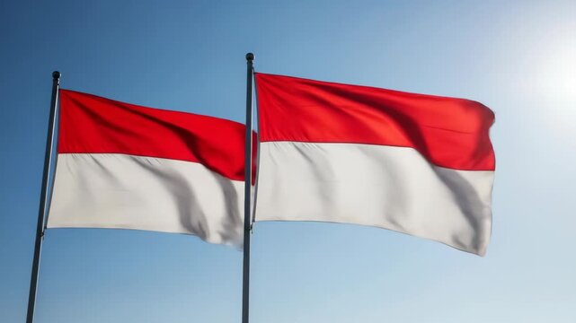 Two Indonesian Flags Waving Proudly Against a Clear Blue Sky.