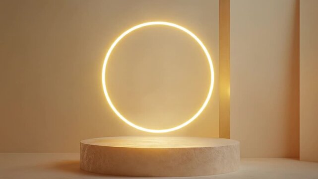Minimalist stage round podium, bright neon ring, soft beige background, corner light