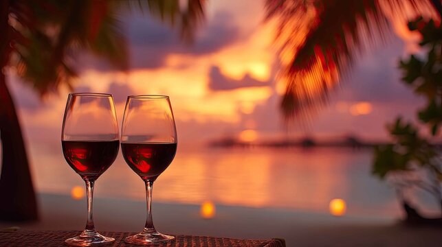 Romantic Sunset at Beach with Wine Glasses and Tropical Palms