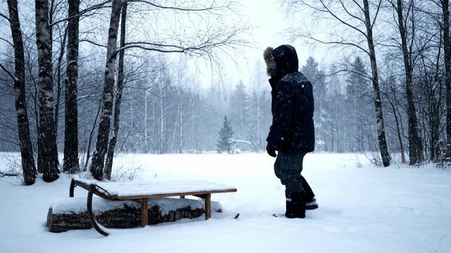 Person in warm parka walking past old wooden sled in snowy birch forest