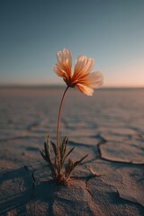 Fototapeta premium Cosmos arenoso con gotas de agua al amanecer, Flor delicada brotando en tierra agrietada, Fotografía conceptual para campaña de resiliencia, Imagen inspiradora para editorial sobre sostenibilidad