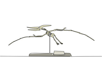 Single continuous line drawing pteranodon dinosaur skeleton in museum room. Wild animals flying in the past. Becoming a human threat. International Museum Day. One line design vector illustration © Simple Line