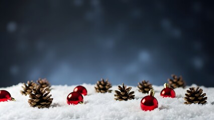 Minimalist winter scene with red Christmas ornaments and pinecones scattered on fresh snow against a dark, starry background, perfect for holiday cards and seasonal designs.

