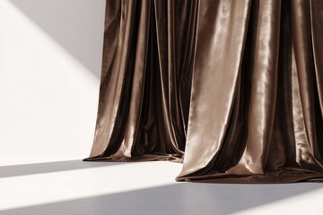 Cortina de sat&eacute;n marr&oacute;n con pliegues suaves y luz dram&aacute;tica, Textura lujosa de tela drapeada en tonos marrones y dorados, Fondo abstracto con cortina de cuero marr&oacute;n brillante