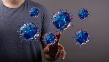 Abstract 3D render of a hand interacting with a digital coronavirus model symbolizing concepts such as disease