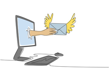 Single one line drawing hand holding winged envelope coming out of monitor screen. Taking advantage of the facilities. Send an Electronic Greeting Card Day. Continuous line design graphic illustration