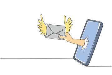 Continuous one line drawing hand holding winged envelope coming out of smartphone. Sending cards via app. Modern. Send an Electronic Greeting Card Day. Single line draw design vector illustration