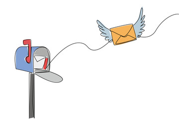 Single continuous line drawing open mailbox with a winged envelope flying towards the mailbox. Send directly to destination. Send an Electronic Greeting Card Day. One line design vector illustration